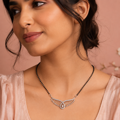 Sterling Silver CZ Wing Design Black Beaded Mangalsutra Necklace