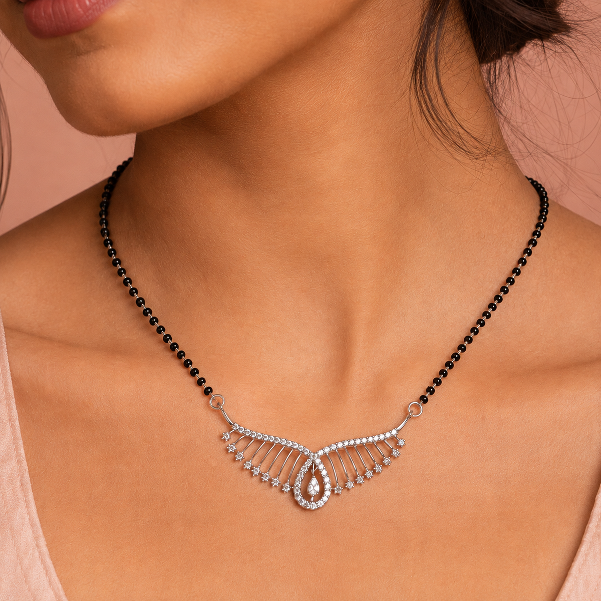 Sterling Silver CZ Wing Design Black Beaded Mangalsutra Necklace