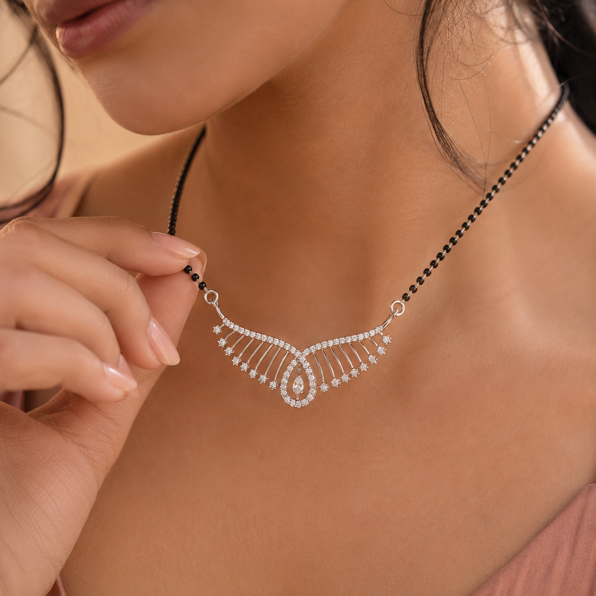Sterling Silver CZ Wing Design Black Beaded Mangalsutra Necklace