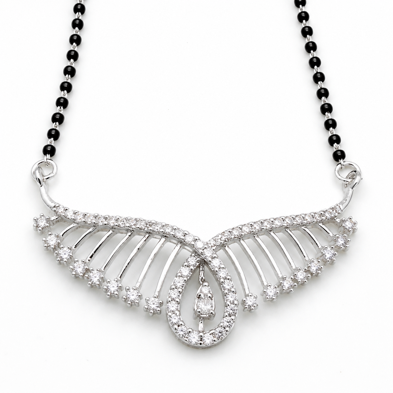 Sterling Silver CZ Wing Design Black Beaded Mangalsutra Necklace
