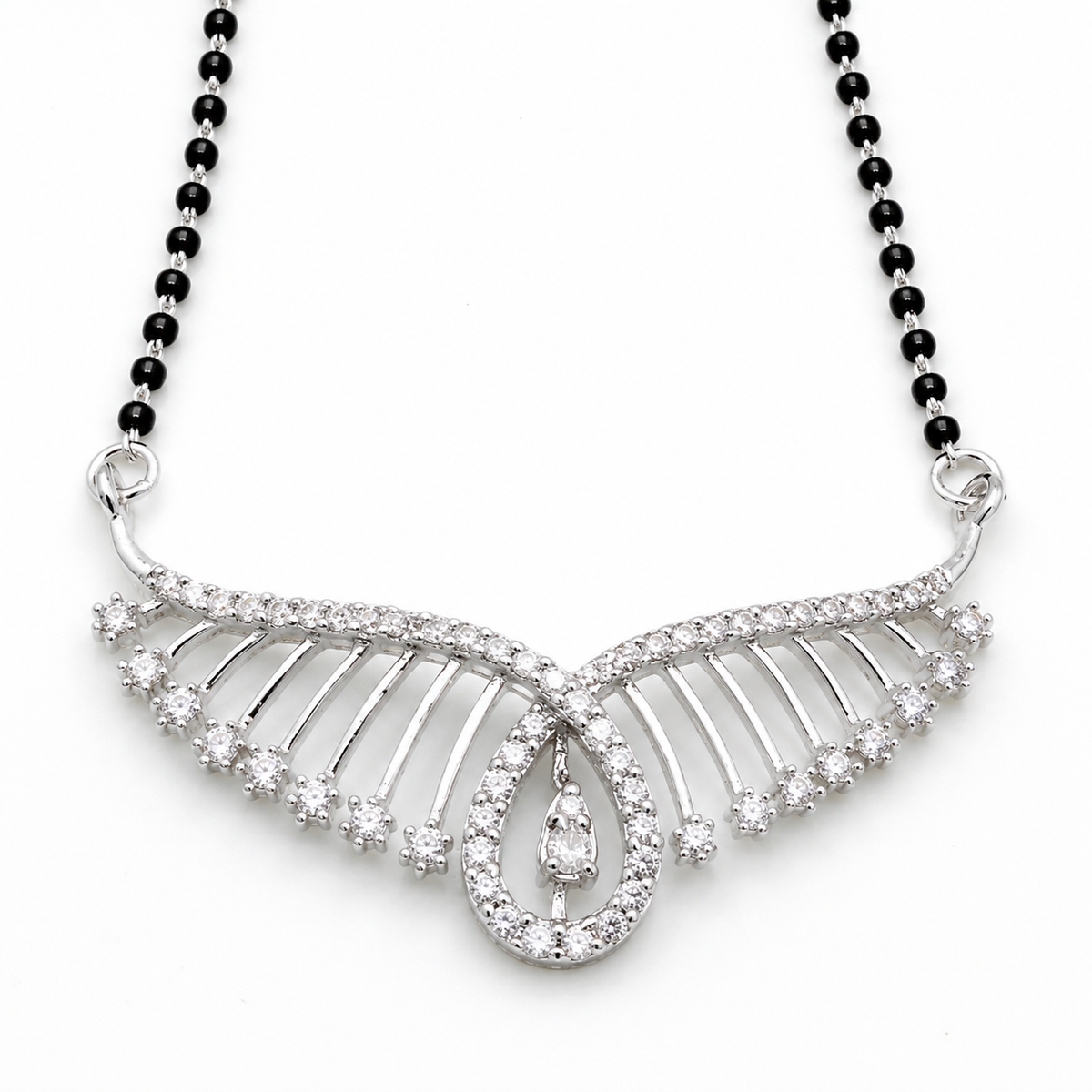 Sterling Silver CZ Wing Design Black Beaded Mangalsutra Necklace