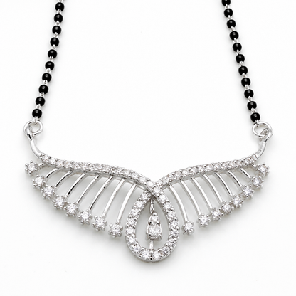 Sterling Silver CZ Wing Design Black Beaded Mangalsutra Necklace