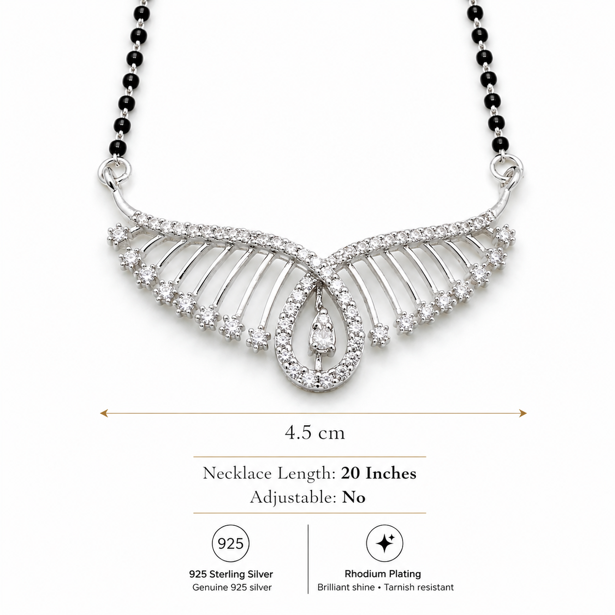 Sterling Silver CZ Wing Design Black Beaded Mangalsutra Necklace
