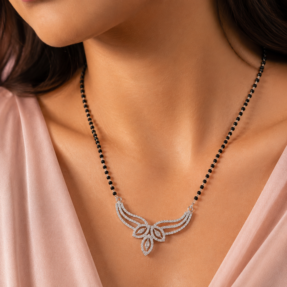 Sterling Silver CZ Wing Design Mangalsutra Necklace for Women