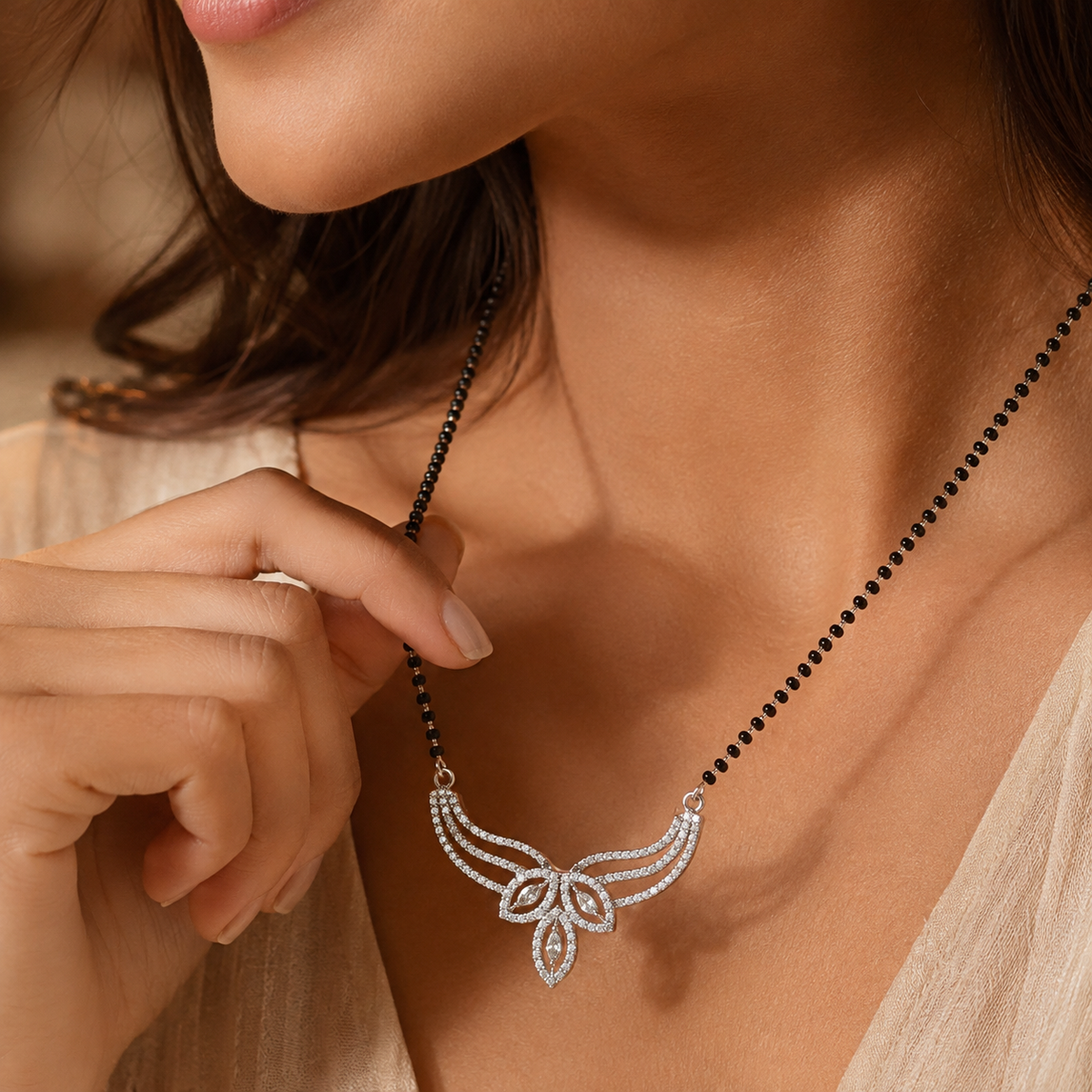 Sterling Silver CZ Wing Design Mangalsutra Necklace for Women