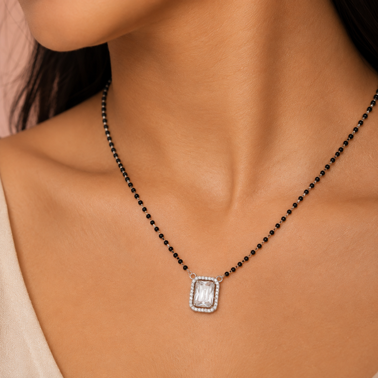 Sterling Silver Emerald Cut CZ Black Beaded Mangalsutra Necklace for Women