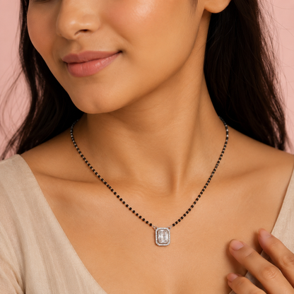 Sterling Silver Emerald Cut CZ Black Beaded Mangalsutra Necklace for Women