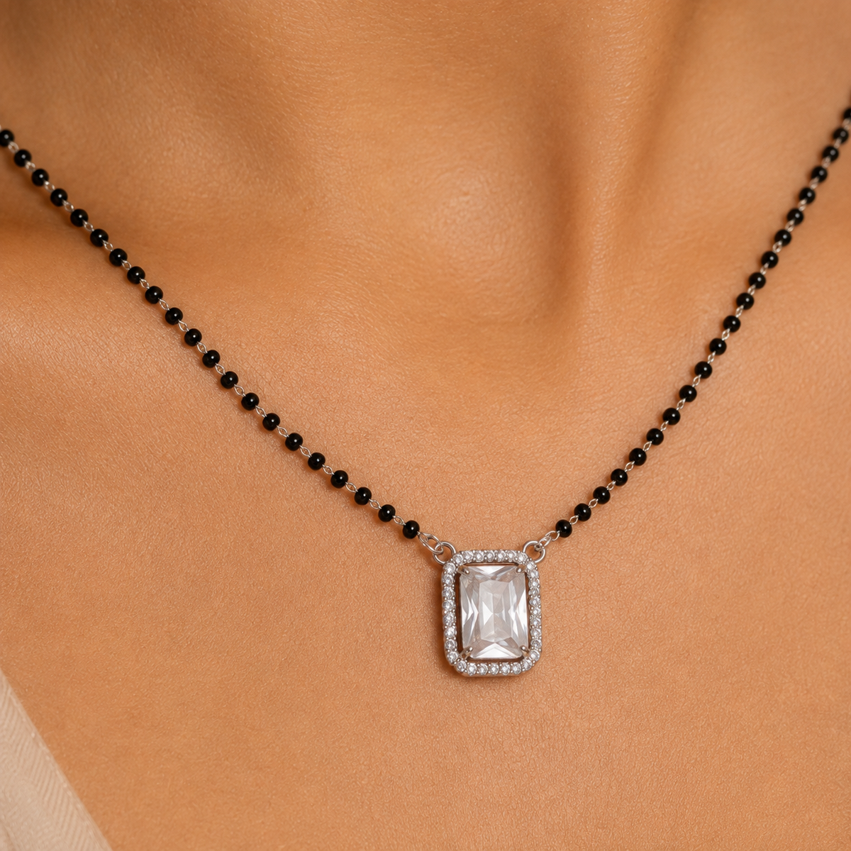 Sterling Silver Emerald Cut CZ Black Beaded Mangalsutra Necklace for Women
