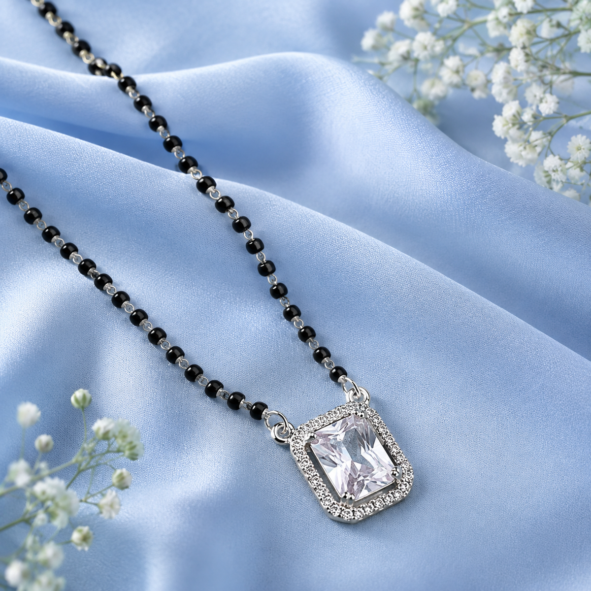 Sterling Silver Emerald Cut CZ Black Beaded Mangalsutra Necklace for Women
