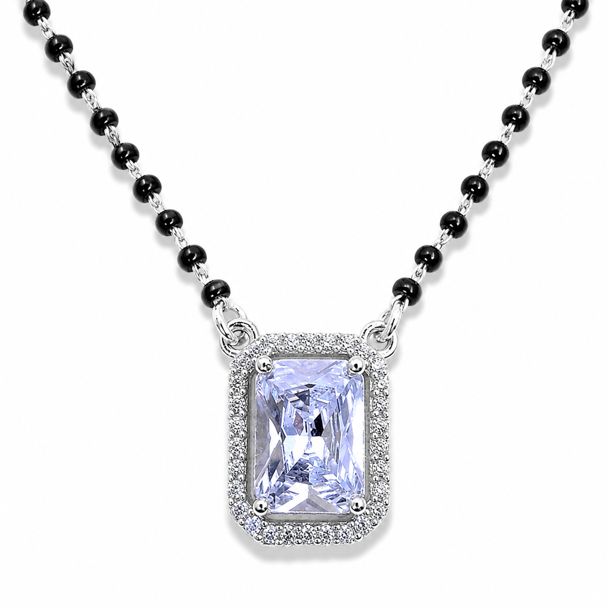 Sterling Silver Emerald Cut CZ Black Beaded Mangalsutra Necklace for Women