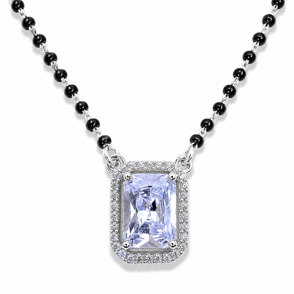 Sterling Silver Emerald Cut CZ Black Beaded Mangalsutra Necklace for Women
