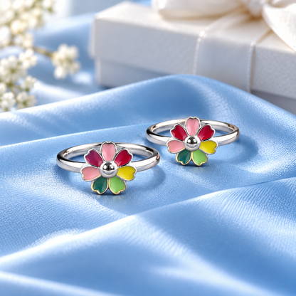 Sterling Silver Enamel Flower Toe Ring – Magenta and Multicolor Adjustable Toe Ring