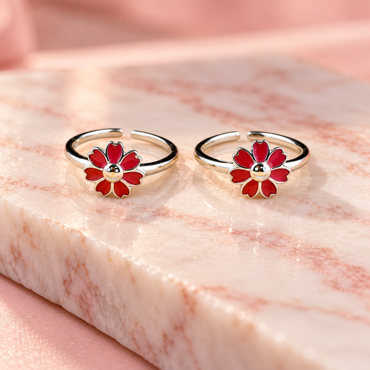 Sterling Silver Enamel Flower Toe Ring – Magenta and Multicolor Adjustable Toe Ring