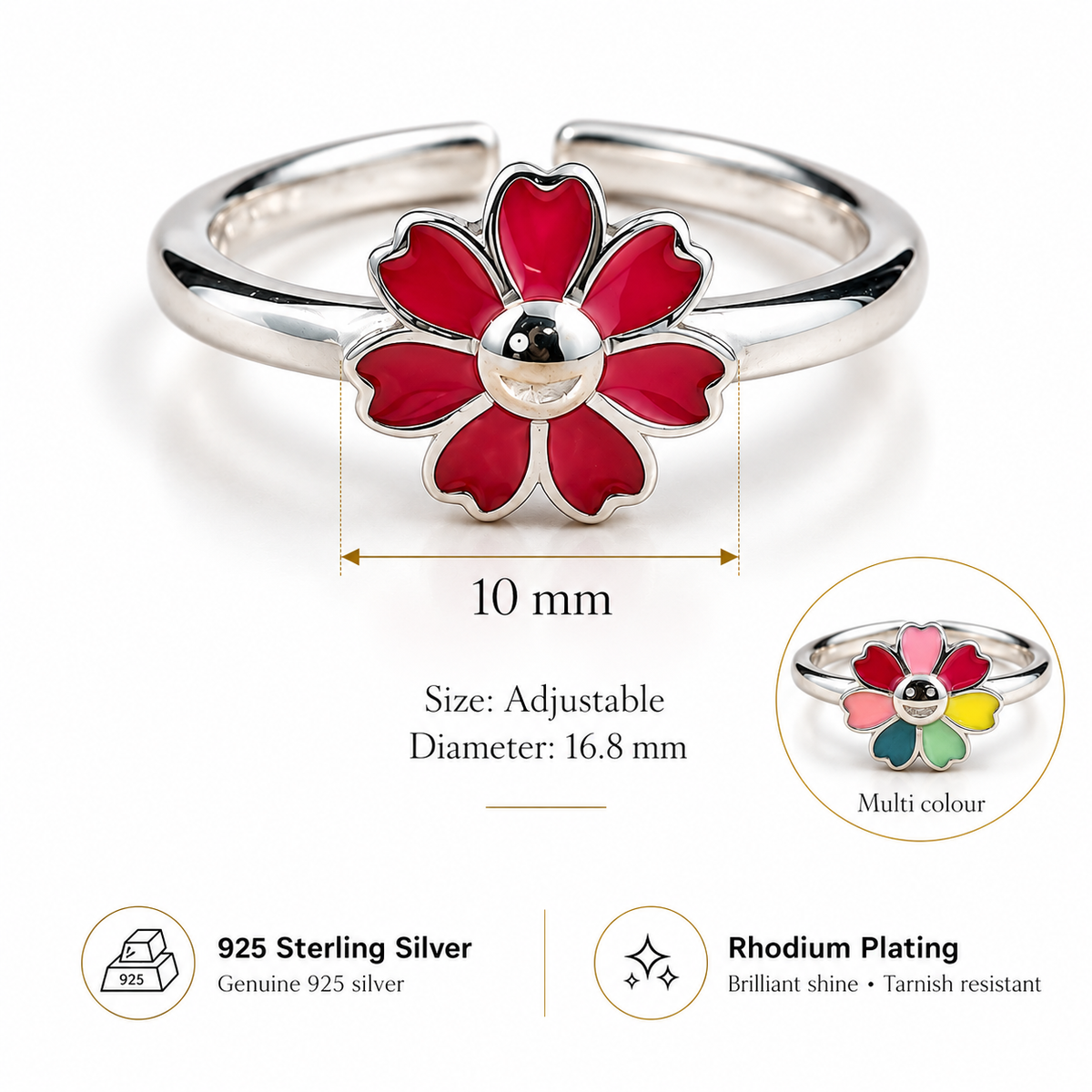 Sterling Silver Enamel Flower Toe Ring – Magenta and Multicolor Adjustable Toe Ring