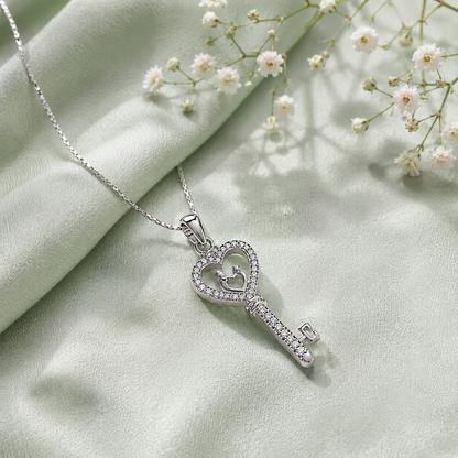 Sterling Silver Family Heart Key Pendant with Cubic Zirconia | Elegant Love Symbol Pendant