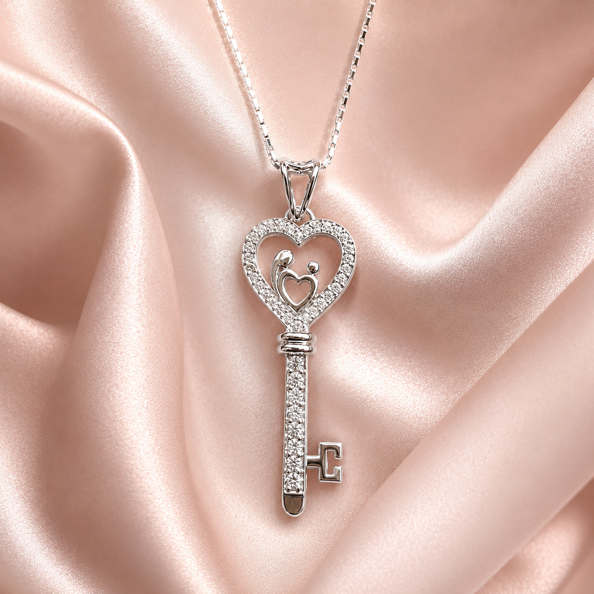 Sterling Silver Family Heart Key Pendant with Cubic Zirconia | Elegant Love Symbol Pendant