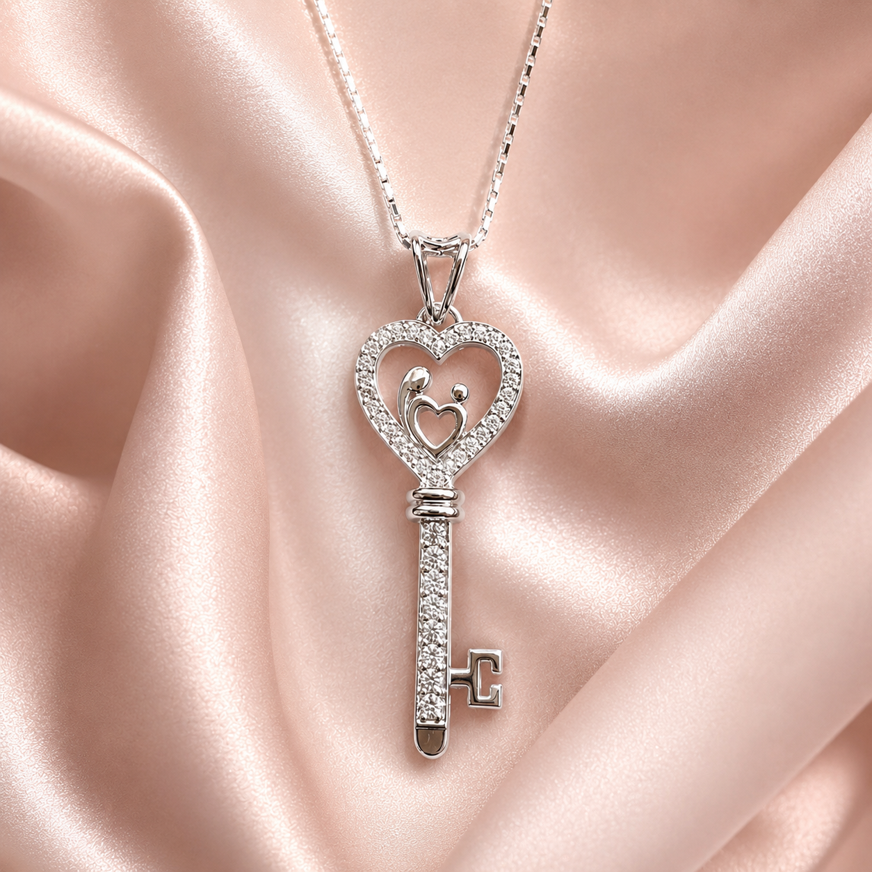 Sterling Silver Family Heart Key Pendant with Cubic Zirconia | Elegant Love Symbol Pendant