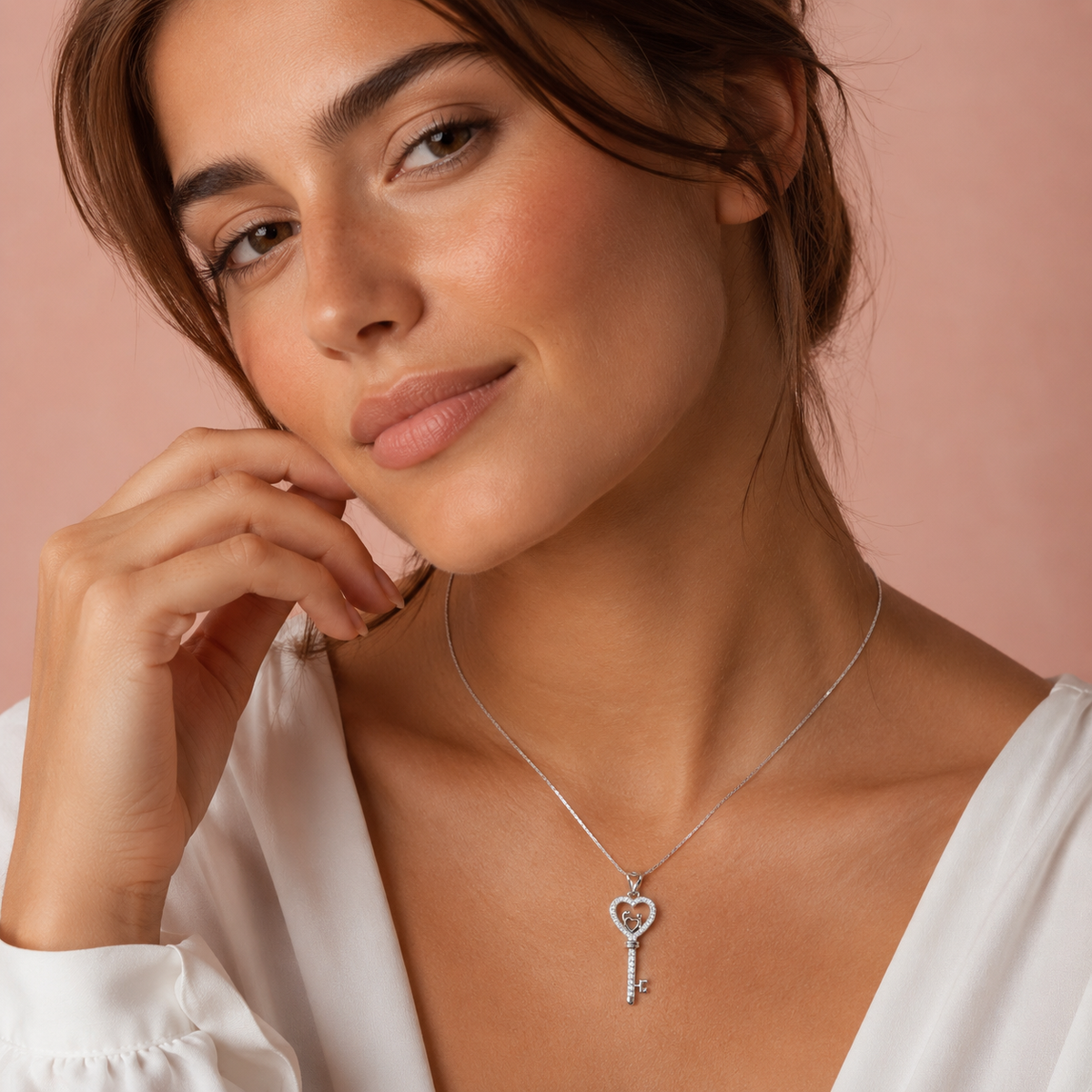 Sterling Silver Family Heart Key Pendant with Cubic Zirconia | Elegant Love Symbol Pendant