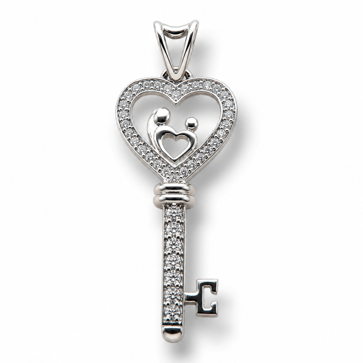 Sterling Silver Family Heart Key Pendant with Cubic Zirconia | Elegant Love Symbol Pendant