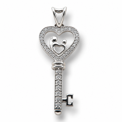 Sterling Silver Family Heart Key Pendant with Cubic Zirconia | Elegant Love Symbol Pendant