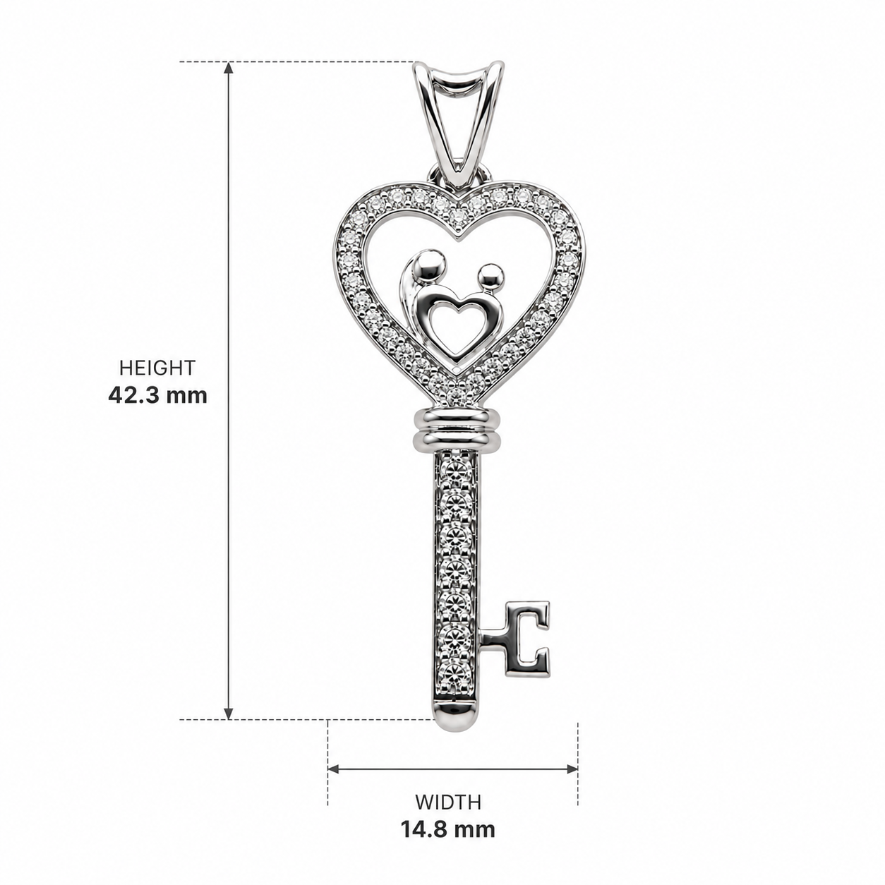 Sterling Silver Family Heart Key Pendant with Cubic Zirconia | Elegant Love Symbol Pendant