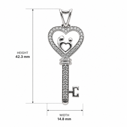 Sterling Silver Family Heart Key Pendant with Cubic Zirconia | Elegant Love Symbol Pendant