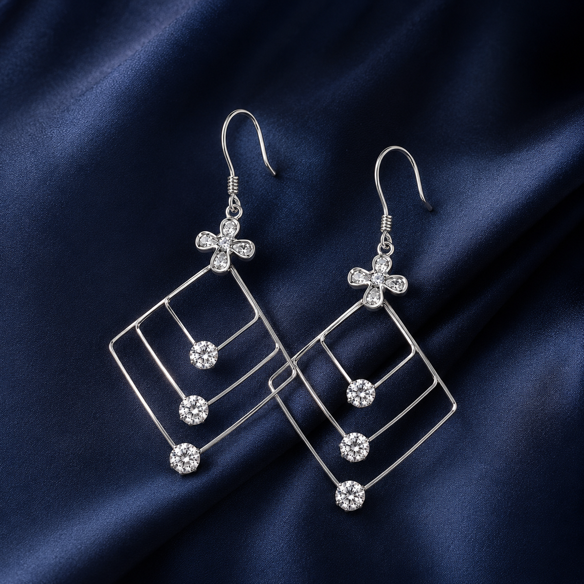 Sterling Silver Geometric Long Dangle Earrings with Cubic Zirconia Floral Accent