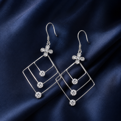 Sterling Silver Geometric Long Dangle Earrings with Cubic Zirconia Floral Accent