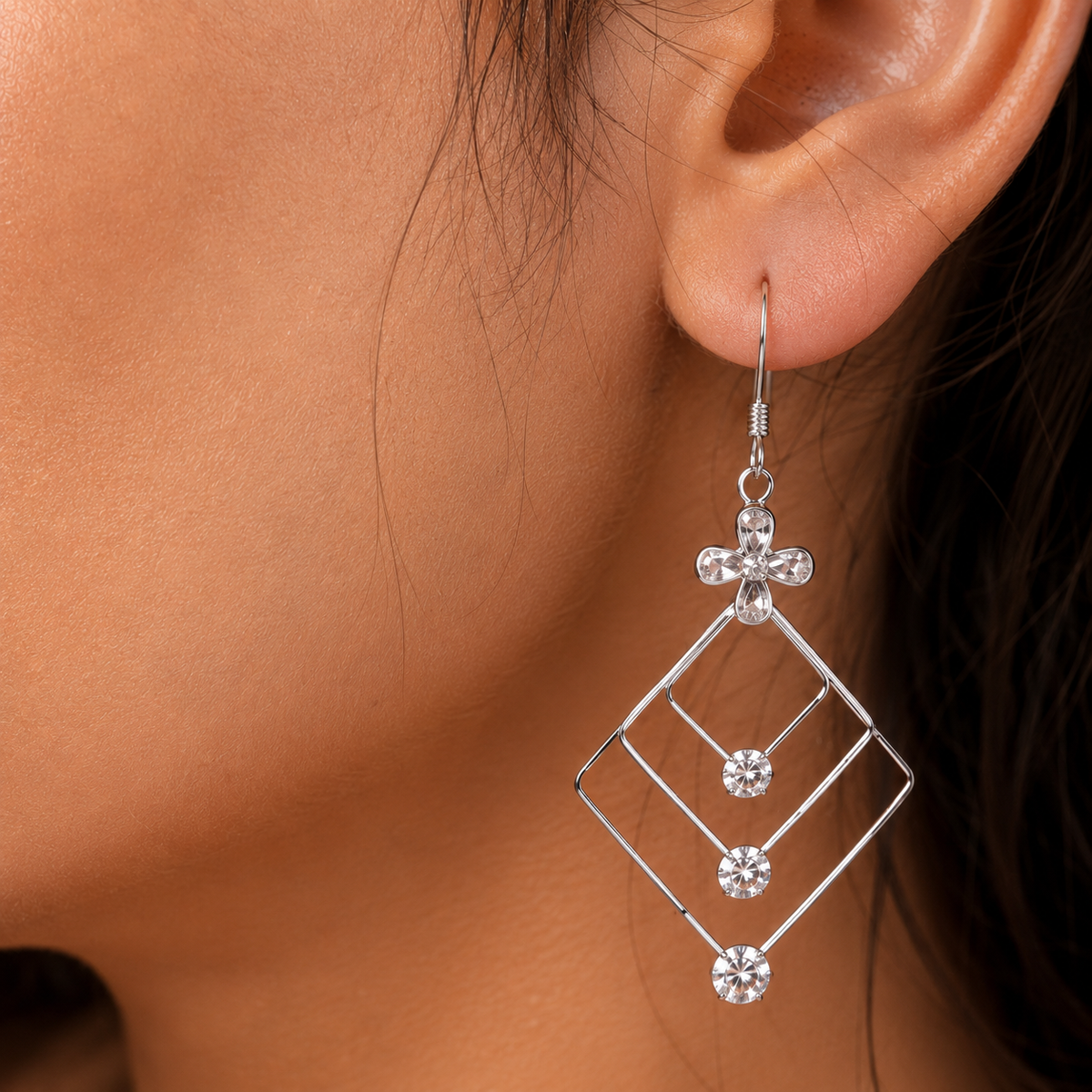 Sterling Silver Geometric Long Dangle Earrings with Cubic Zirconia Floral Accent