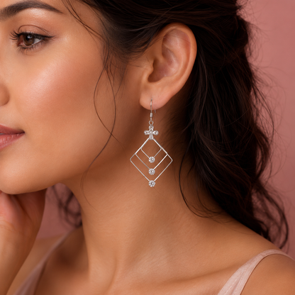 Sterling Silver Geometric Long Dangle Earrings with Cubic Zirconia Floral Accent