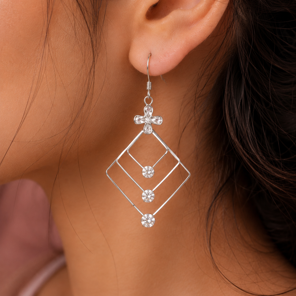 Sterling Silver Geometric Long Dangle Earrings with Cubic Zirconia Floral Accent