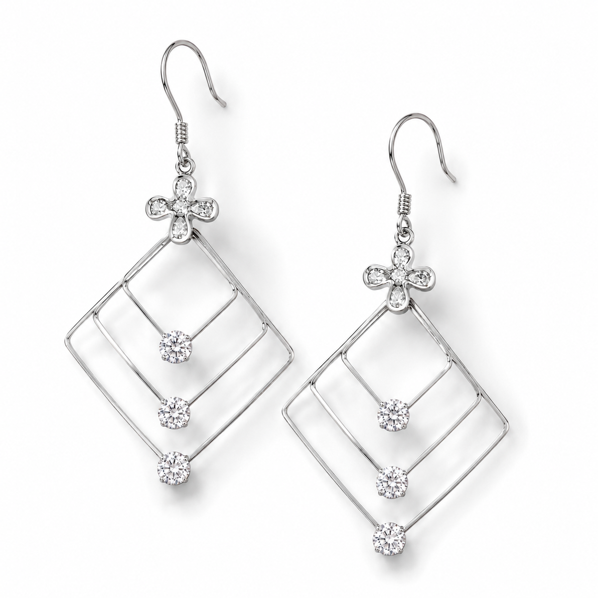 Sterling Silver Geometric Long Dangle Earrings with Cubic Zirconia Floral Accent
