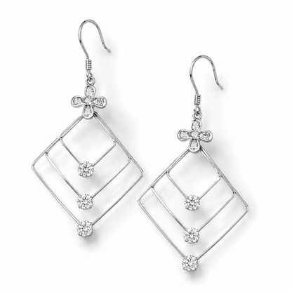 Sterling Silver Geometric Long Dangle Earrings with Cubic Zirconia Floral Accent