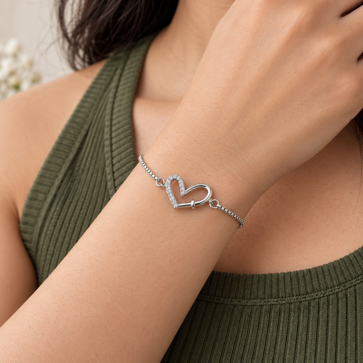 925 Sterling Silver Heart Bracelet for Women | CZ Crystal Love Link Bracelet