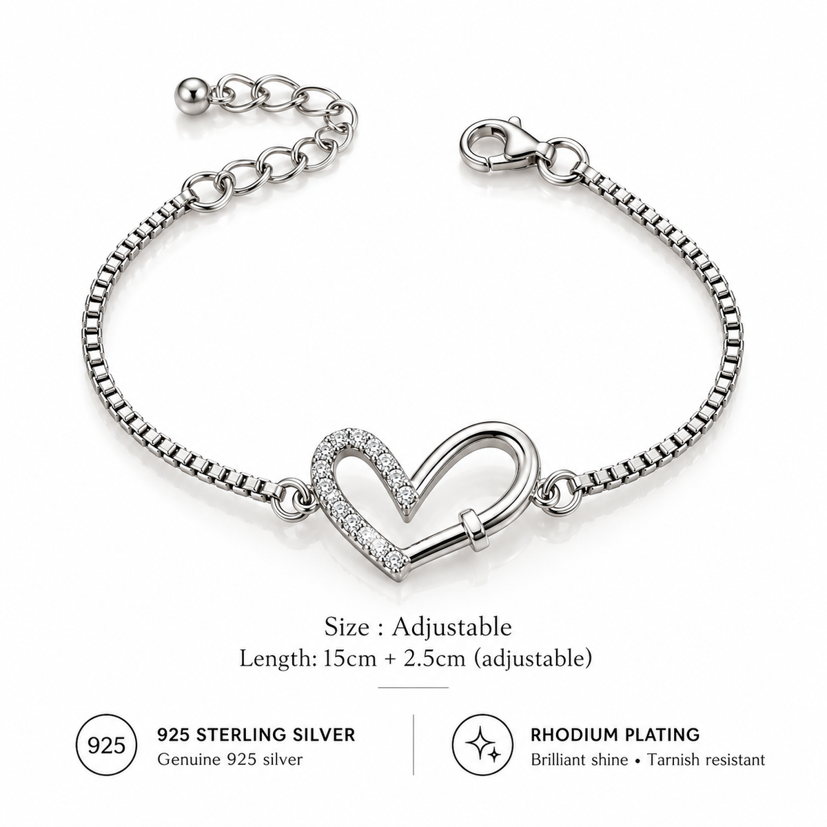 925 Sterling Silver Heart Bracelet for Women | CZ Crystal Love Link Bracelet