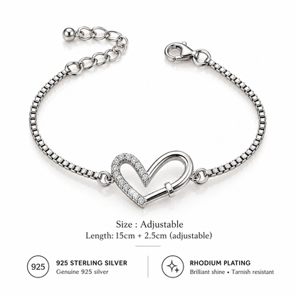 925 Sterling Silver Heart Bracelet for Women | CZ Crystal Love Link Bracelet