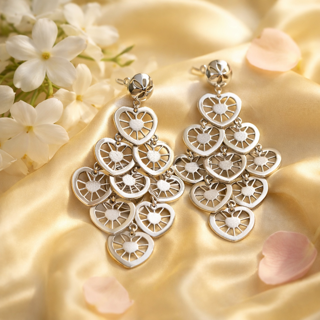 Sterling Silver Heart Dangle Earrings for Women | Long Chandelier Drop Earrings