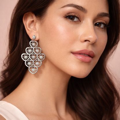 Sterling Silver Heart Dangle Earrings for Women | Long Chandelier Drop Earrings