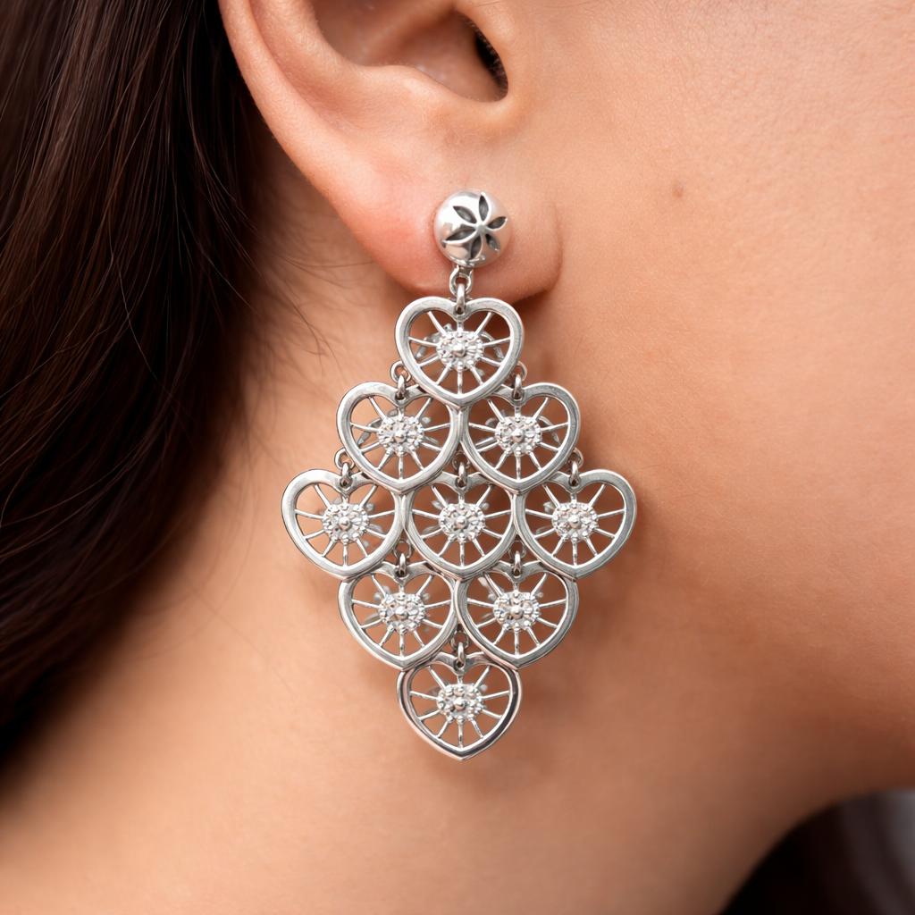 Sterling Silver Heart Dangle Earrings for Women | Long Chandelier Drop Earrings