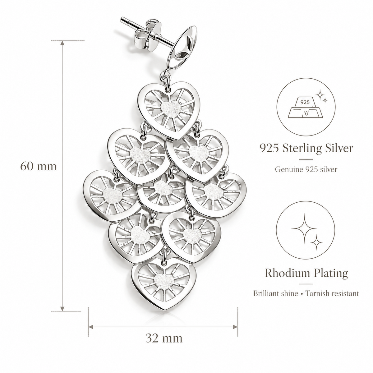 Sterling Silver Heart Dangle Earrings for Women | Long Chandelier Drop Earrings
