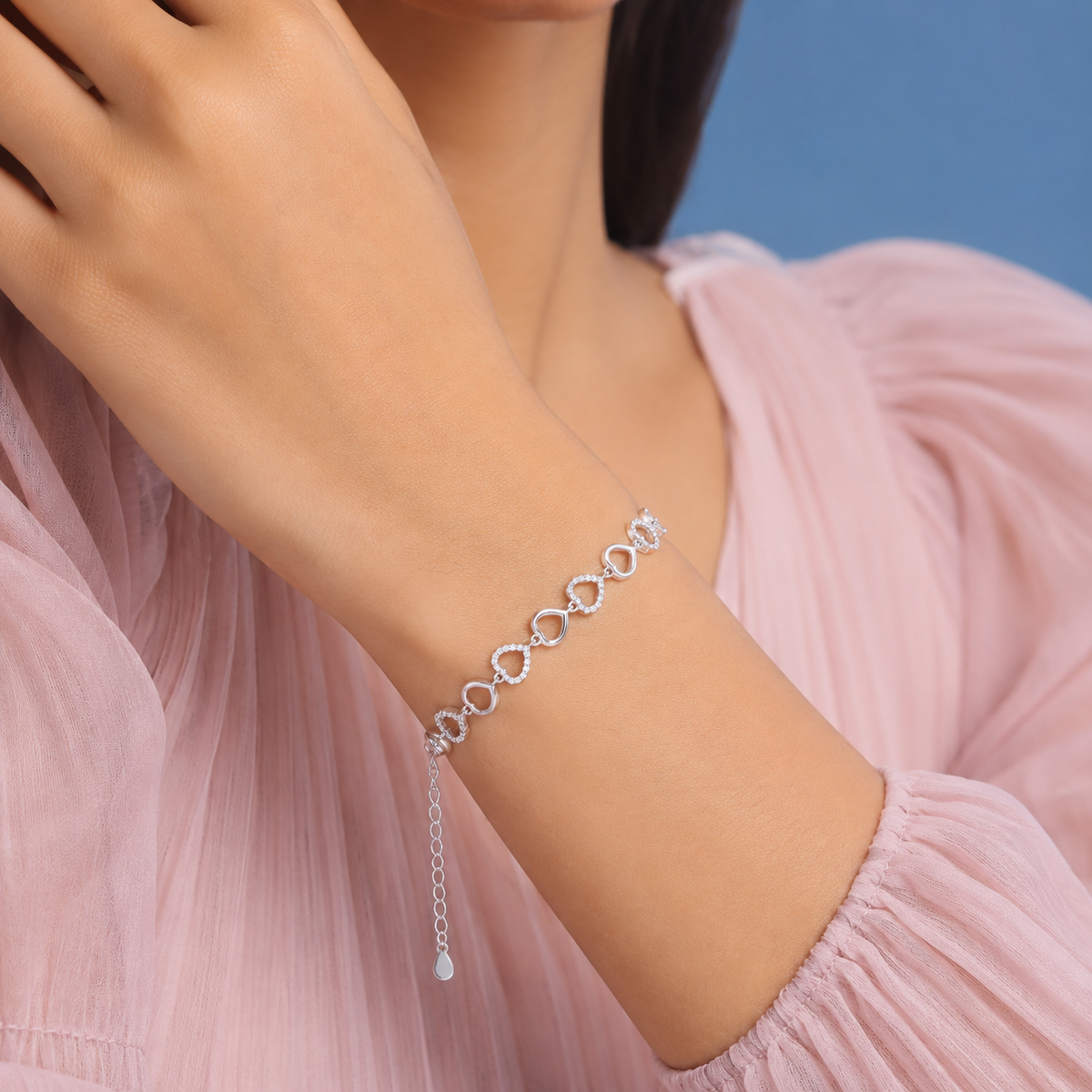 925 Sterling Silver Heart Link Bracelet | Pavé Cubic Zirconia Love Bracelet for Women