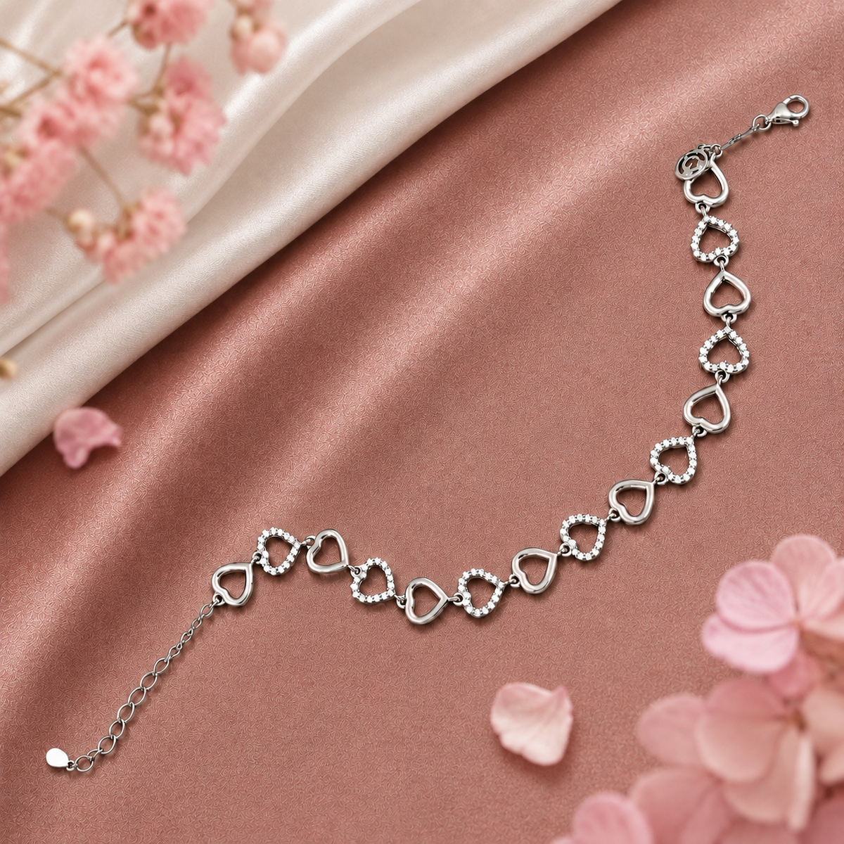 925 Sterling Silver Heart Link Bracelet | Pavé Cubic Zirconia Love Bracelet for Women