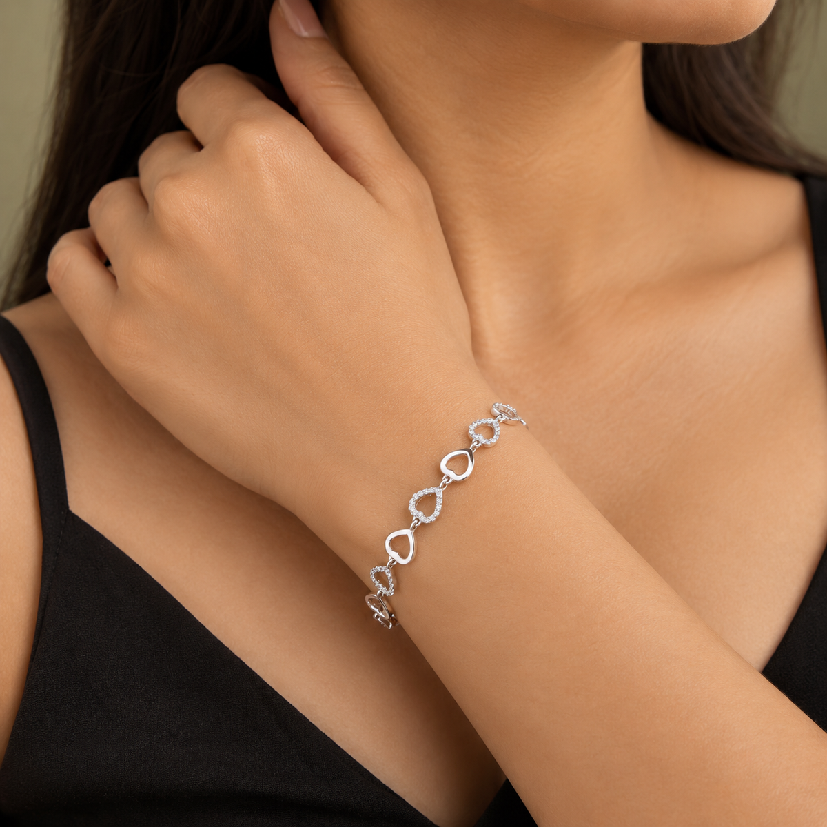 925 Sterling Silver Heart Link Bracelet | Pavé Cubic Zirconia Love Bracelet for Women