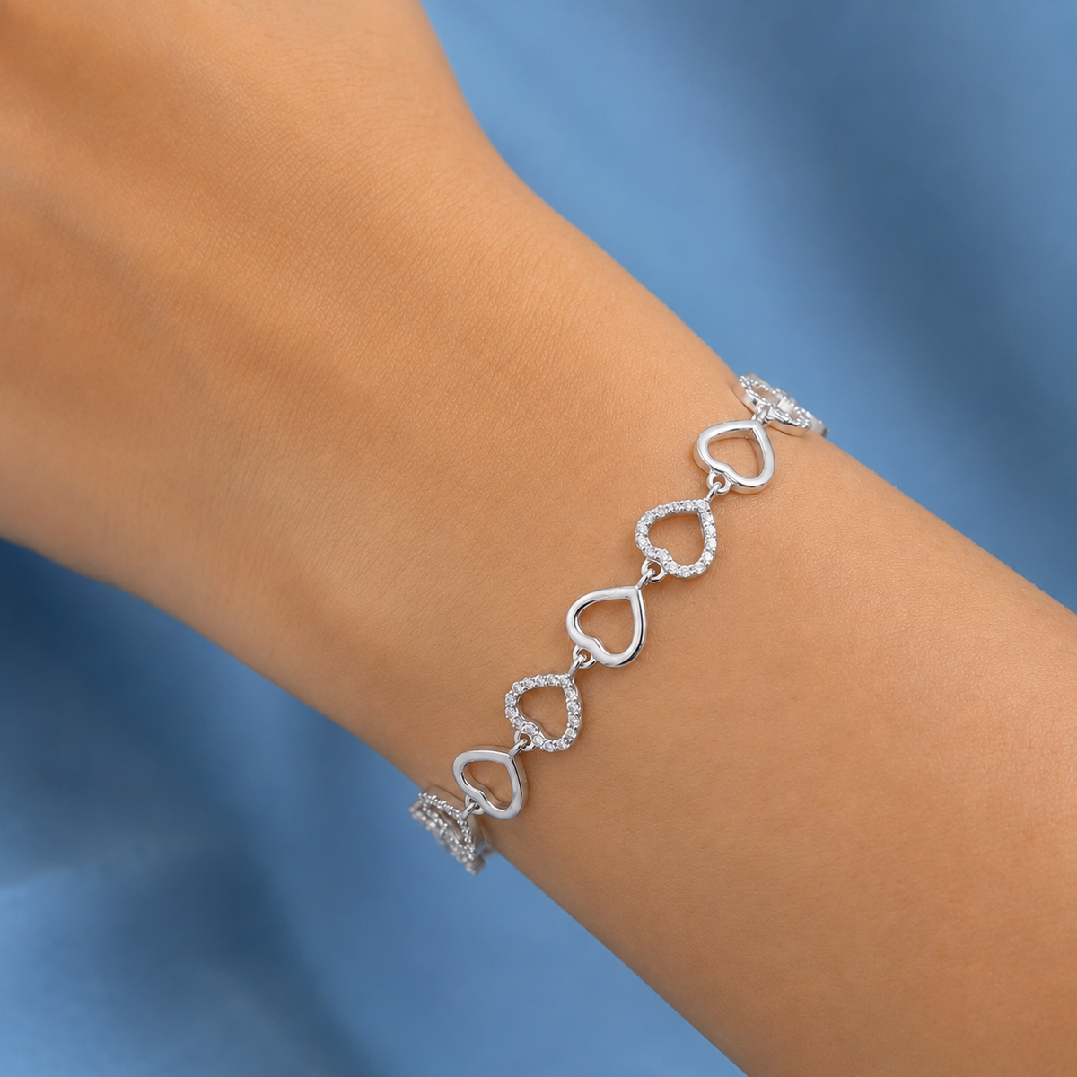 925 Sterling Silver Heart Link Bracelet | Pavé Cubic Zirconia Love Bracelet for Women