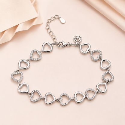 925 Sterling Silver Heart Link Bracelet | Pavé Cubic Zirconia Love Bracelet for Women