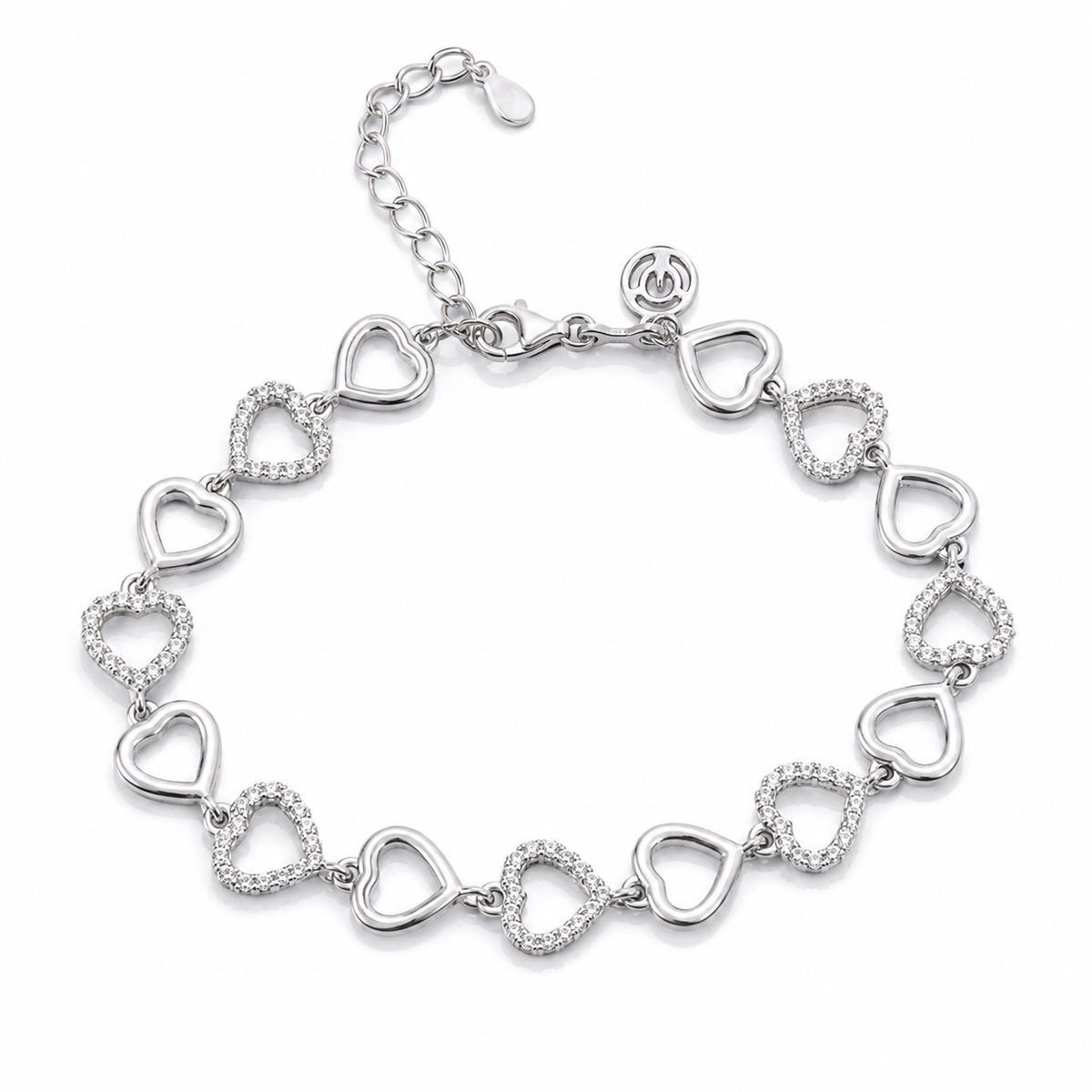925 Sterling Silver Heart Link Bracelet | Pavé Cubic Zirconia Love Bracelet for Women