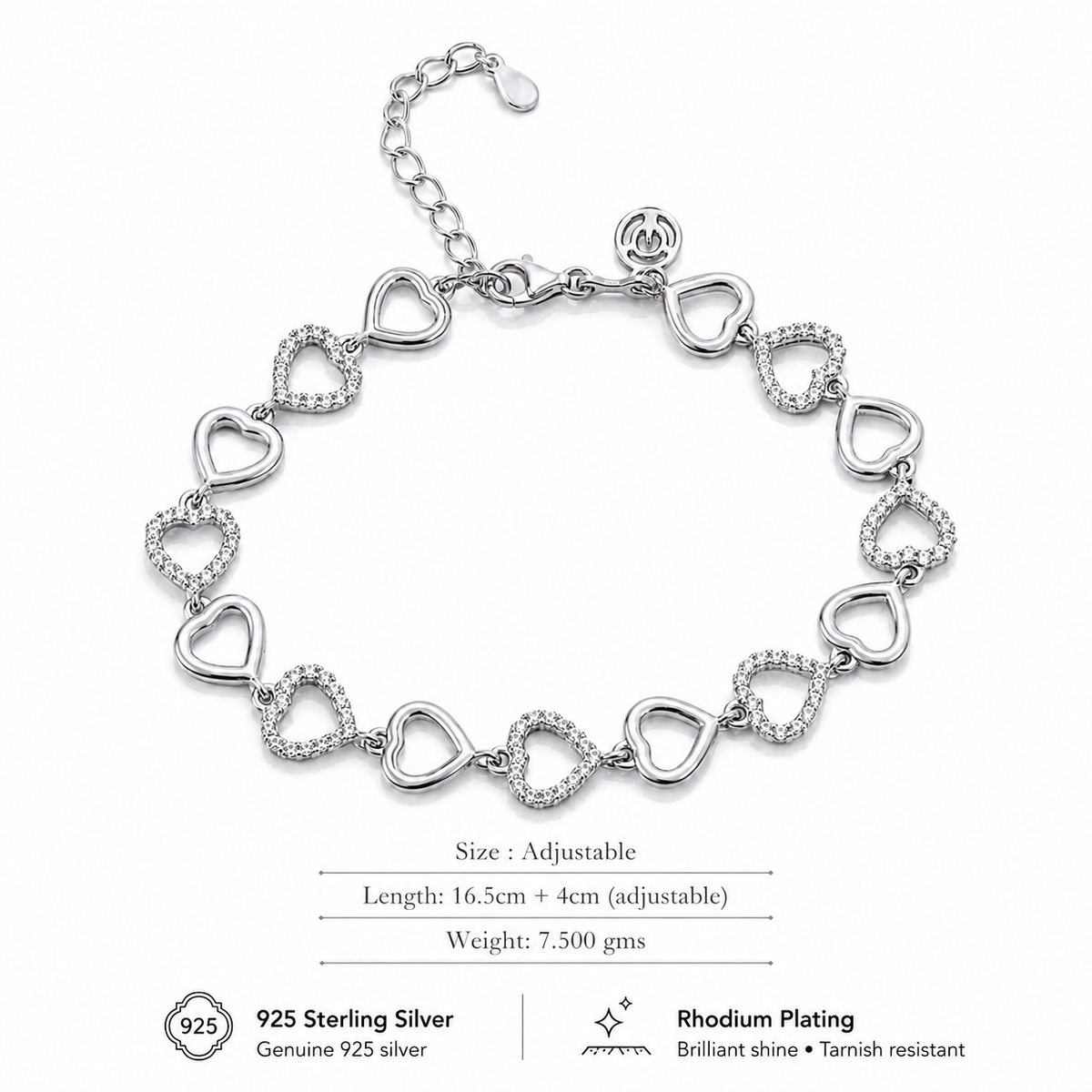 925 Sterling Silver Heart Link Bracelet | Pavé Cubic Zirconia Love Bracelet for Women