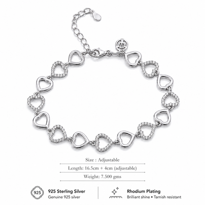 925 Sterling Silver Heart Link Bracelet | Pavé Cubic Zirconia Love Bracelet for Women