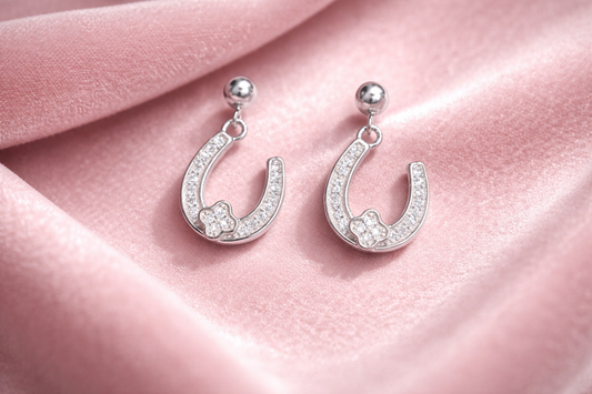925 Sterling Silver Horseshoe Dangle Earrings with Cubic Zirconia