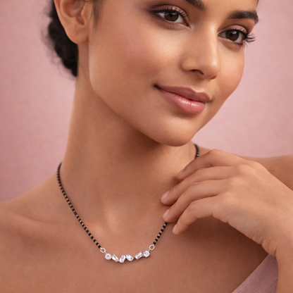 Elegant Silver Mangalsutra Pendant with Black Beads & CZ Stones | Minimal Diamond Look Necklace for Women